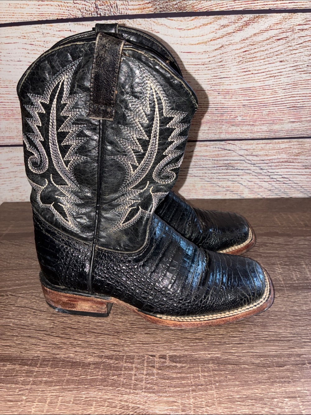 Pre Owned Rock'Em Kids Black Exotic-Print Western Boots Square Toe 13